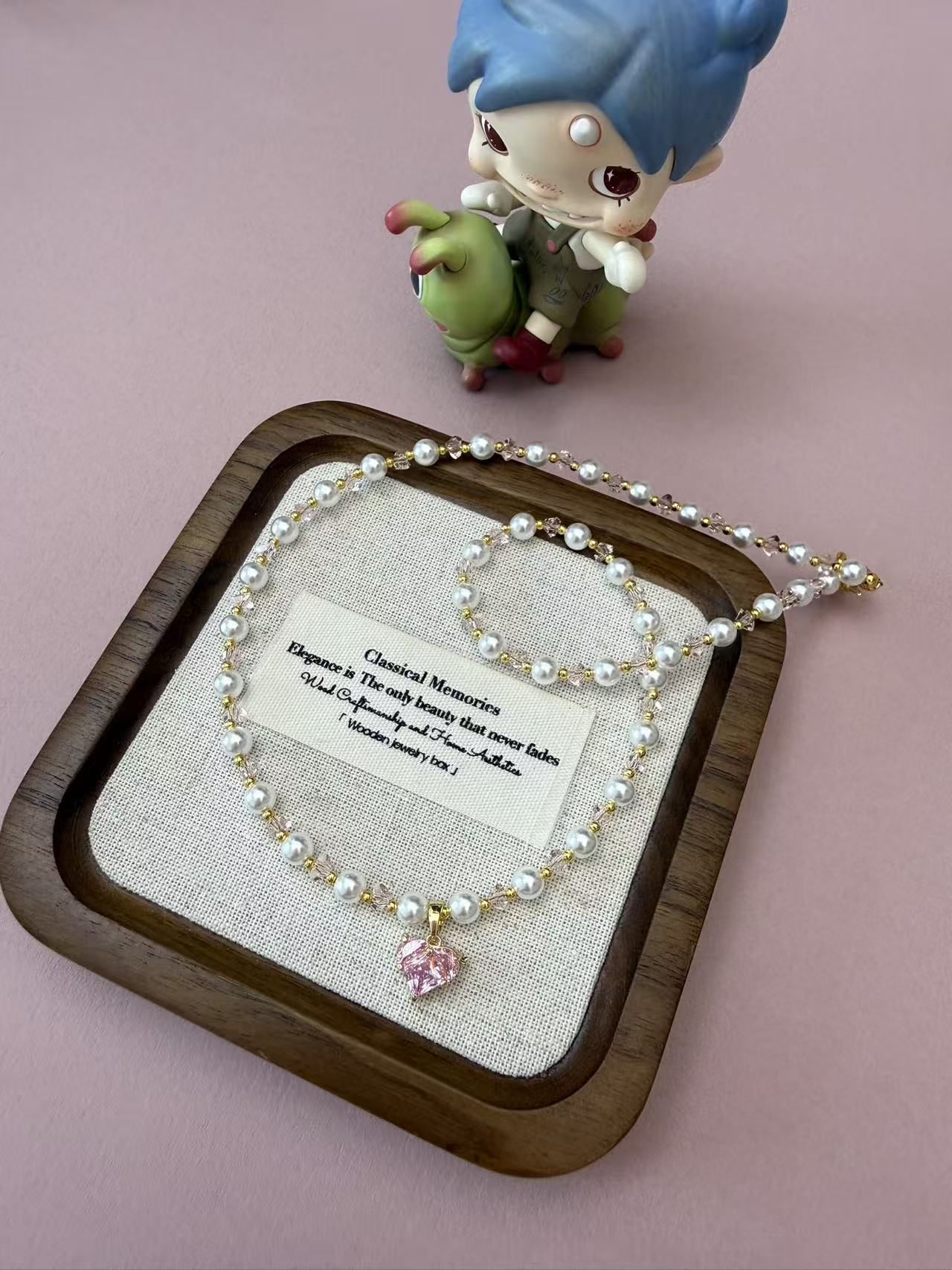 Pearl & Pink Crystal Beaded Necklace with Heart Charm | Gold Plated Adjustable Choker N67