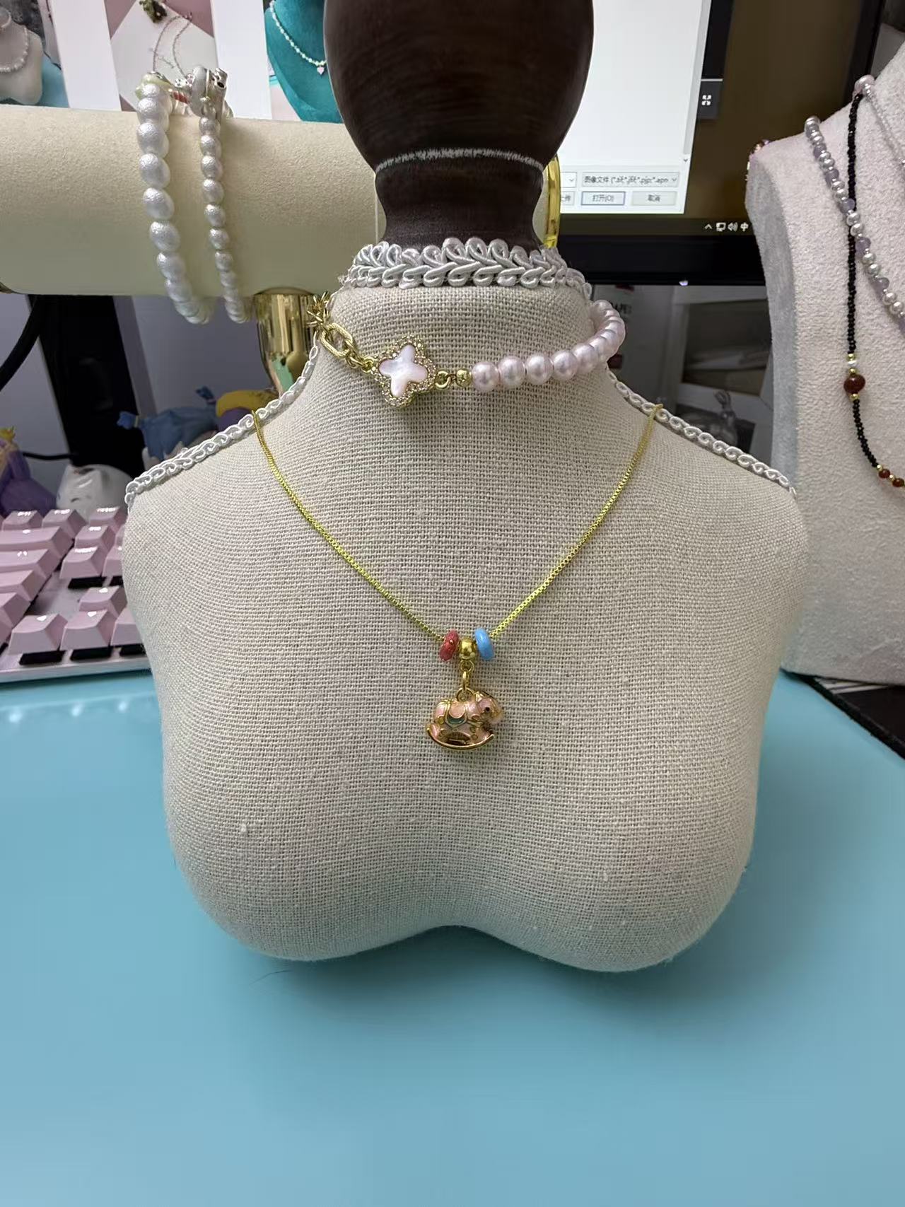 Gold Box Chain Necklace with Enamel Rocking Horse Charm | Adjustable Choker N59