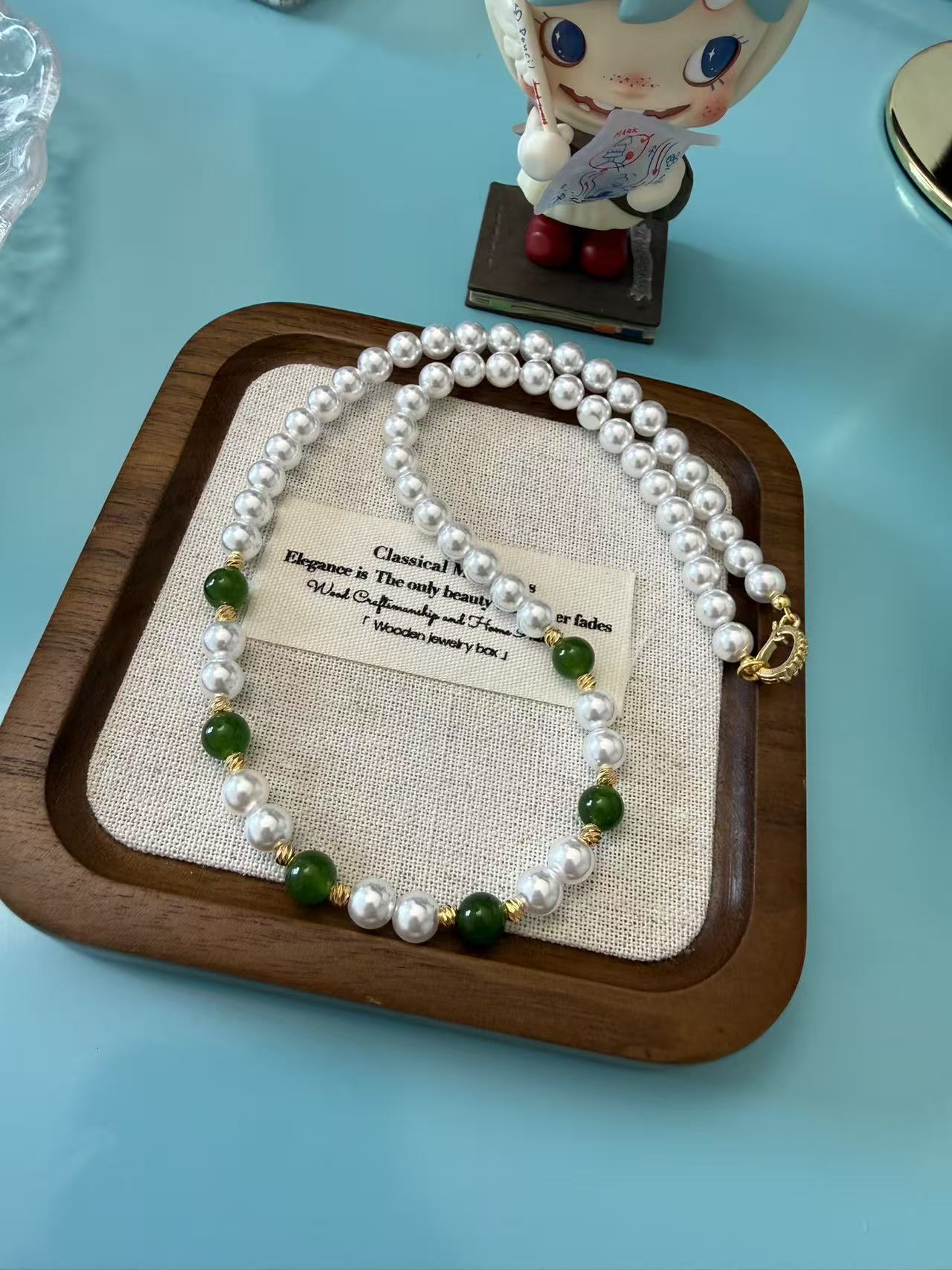Imitation Pearl Necklace with Green Hetian Jade Beads | Gold Accent Choker N41