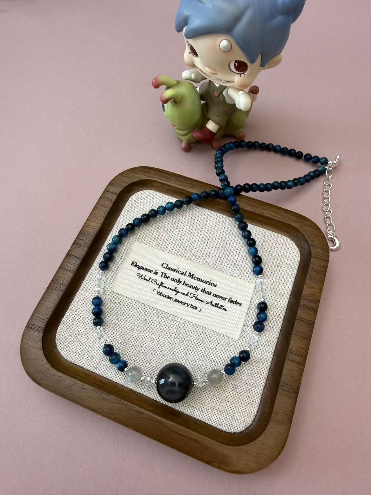 Blue Tiger's Eye Beaded Choker with Black Obsidian Center Bead | Adjustable Silver Necklace N72