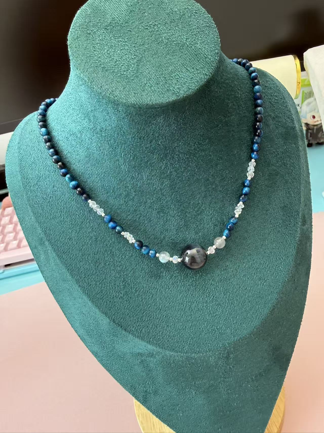 Blue Tiger's Eye Beaded Choker with Black Obsidian Center Bead | Adjustable Silver Necklace N72