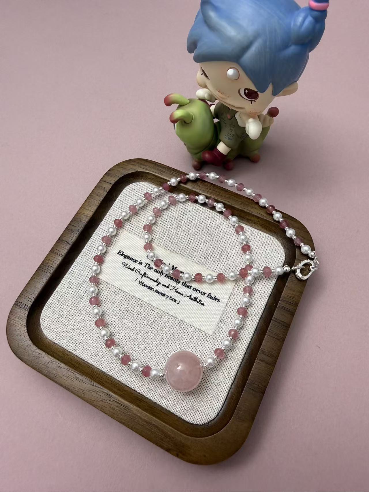 Rose Quartz & Rhodonite Beaded Necklace with Freshwater Pearls | Adjustable Choker N83