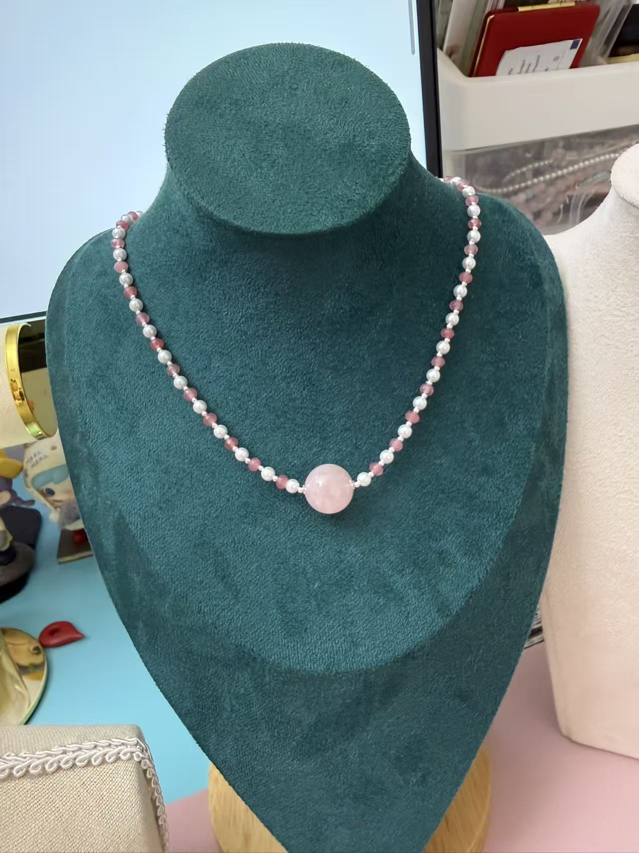 Rose Quartz & Rhodonite Beaded Necklace with Freshwater Pearls | Adjustable Choker N83