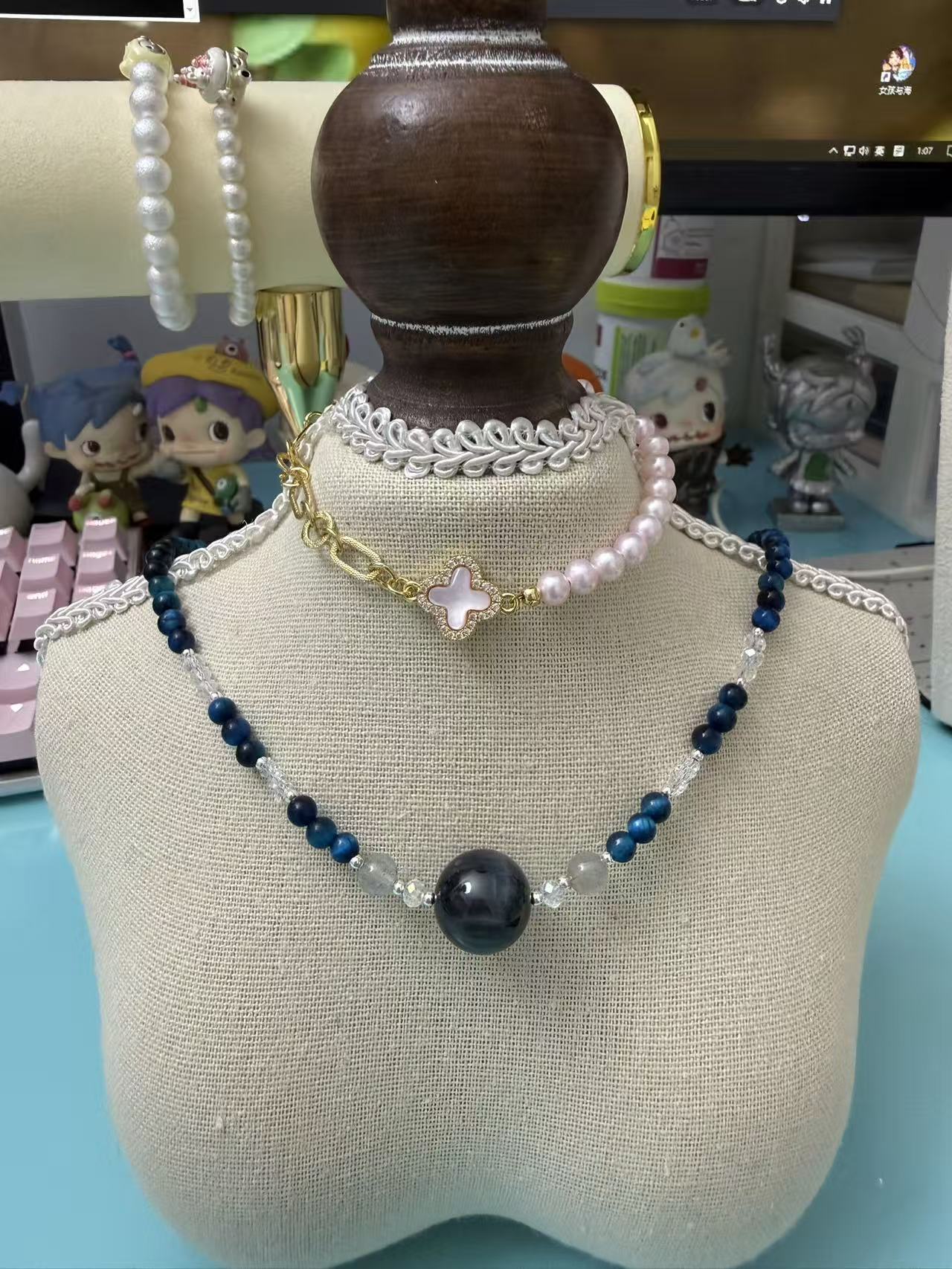 Blue Tiger's Eye Beaded Choker with Black Obsidian Center Bead | Adjustable Silver Necklace N72