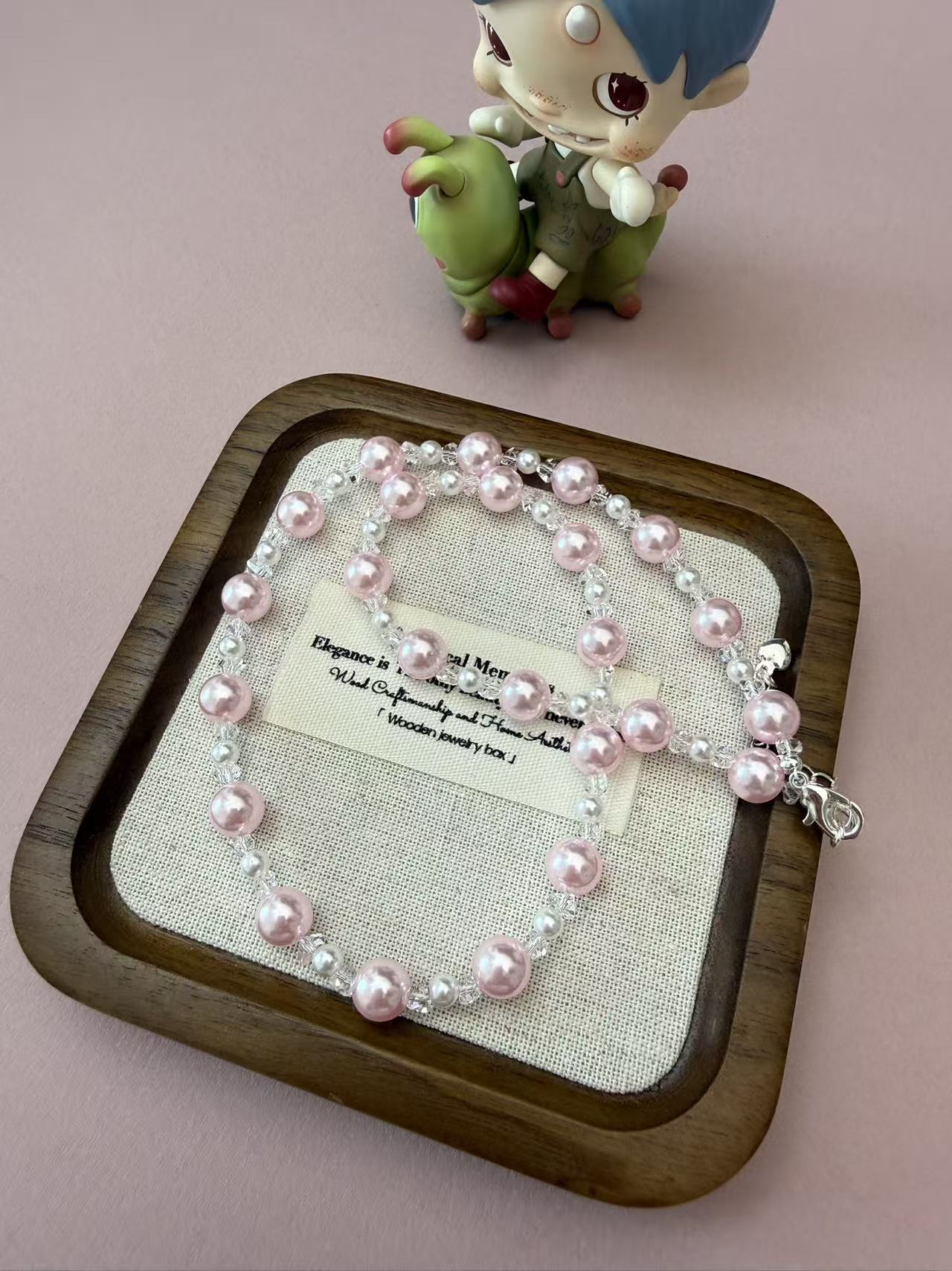 Pink & White Imitation Pearl Beaded Choker | Adjustable Silver Necklace N66