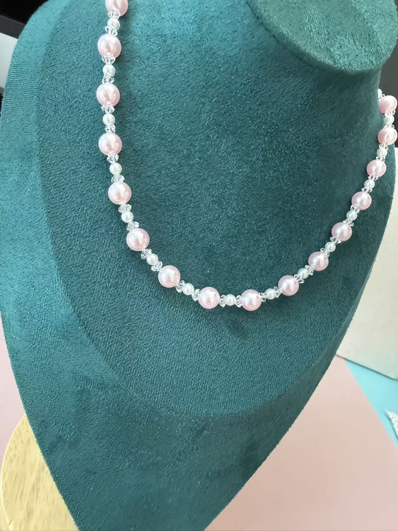 Pink & White Imitation Pearl Beaded Choker | Adjustable Silver Necklace N66