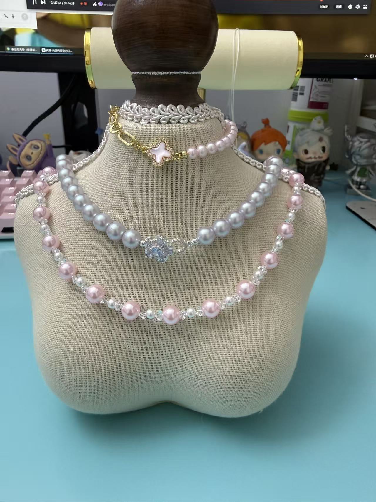 Pink & White Imitation Pearl Beaded Choker | Adjustable Silver Necklace N66