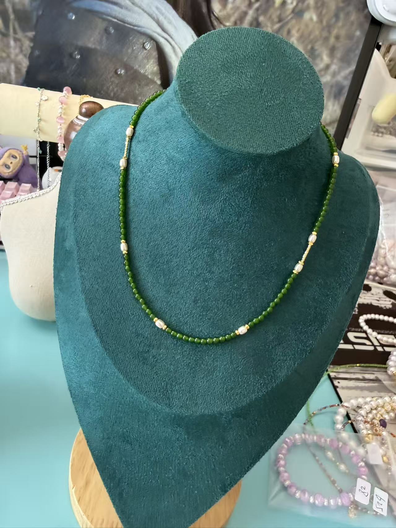 Deep Green Jade Beaded Choker with Freshwater Pearl Accents | Gold Plated Necklace N50