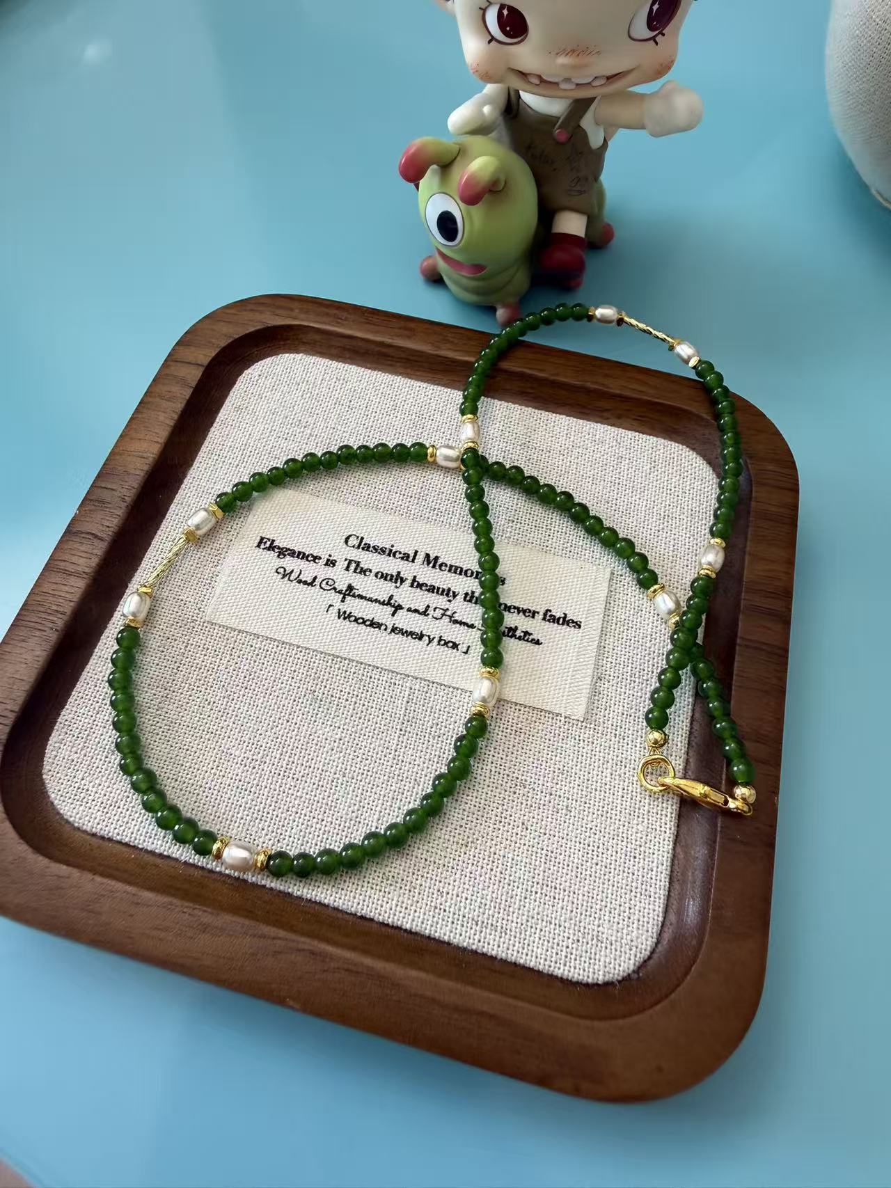 Deep Green Jade Beaded Choker with Freshwater Pearl Accents | Gold Plated Necklace N50