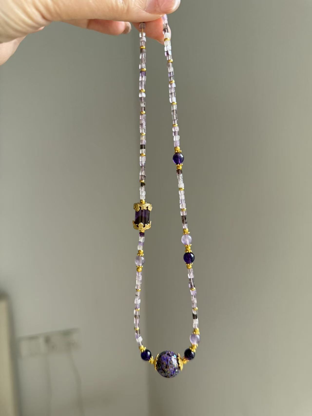 Purple Amethyst Multi-Stone Beaded Necklace with Gold Accents | Adjustable Choker N32