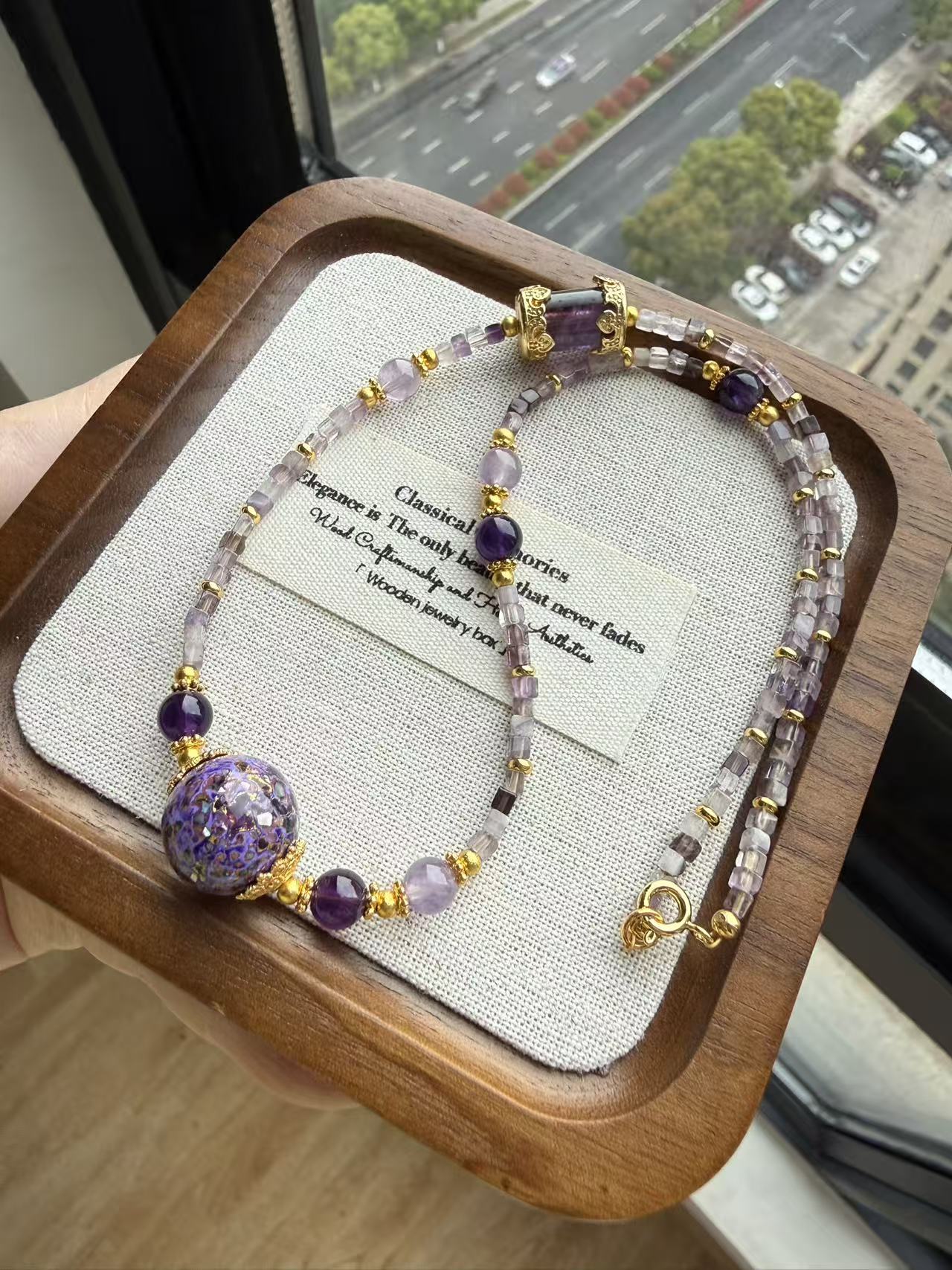 Purple Amethyst Multi-Stone Beaded Necklace with Gold Accents | Adjustable Choker N32