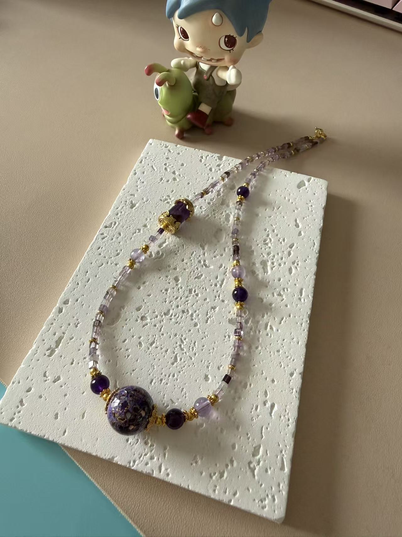 Purple Amethyst Multi-Stone Beaded Necklace with Gold Accents | Adjustable Choker N32