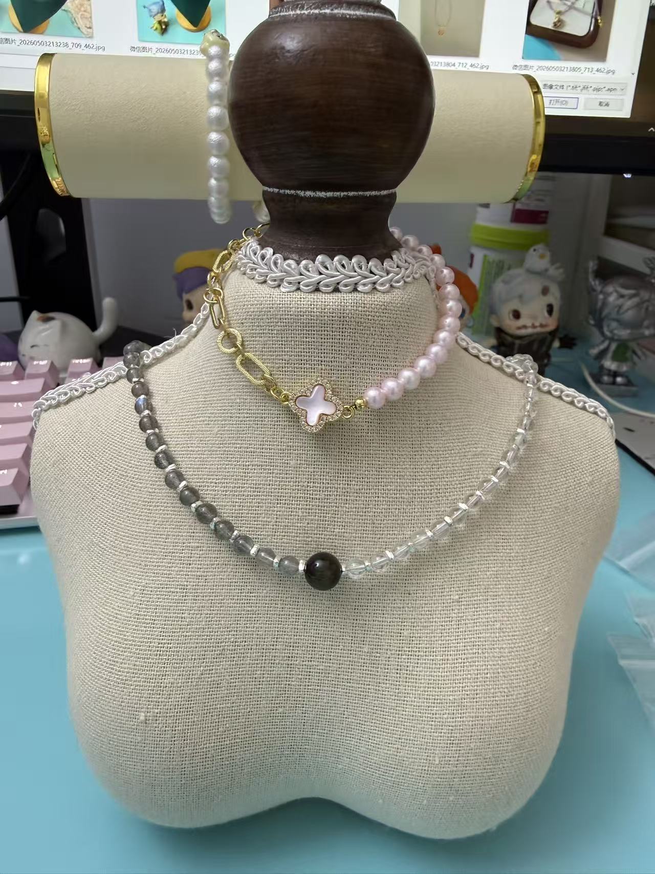 Gray Moonstone & Clear Quartz Beaded Necklace with Black Obsidian Center Bead | Adjustable Choker N25