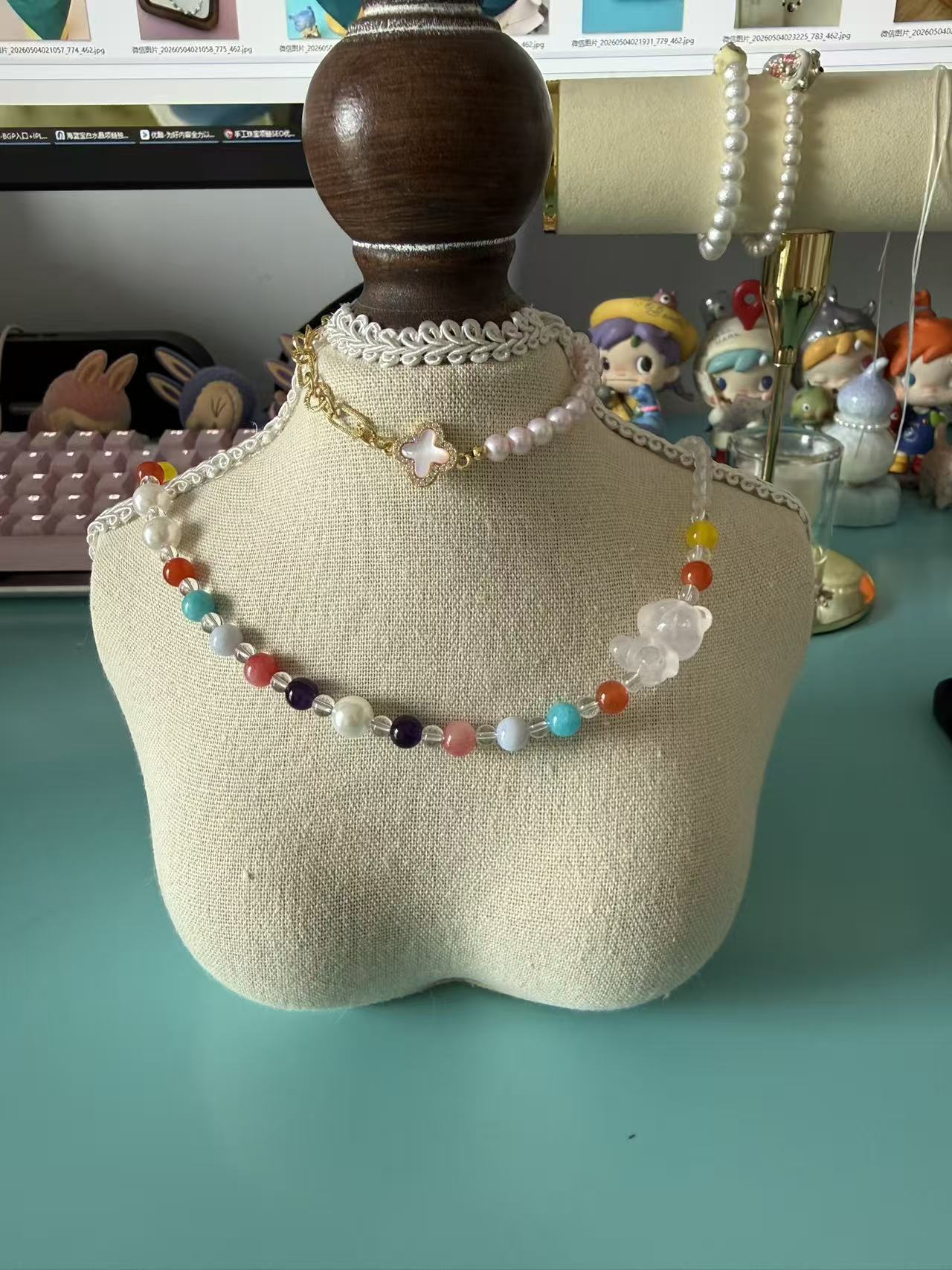 Rose Quartz Teddy Bear Necklace with Multi Gemstone Beads – Handmade Crystal Beaded Jewelry N23