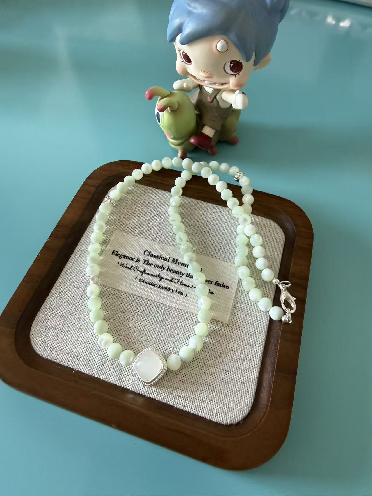 Mint Green Shell Bead Necklace with Square Pendant N30