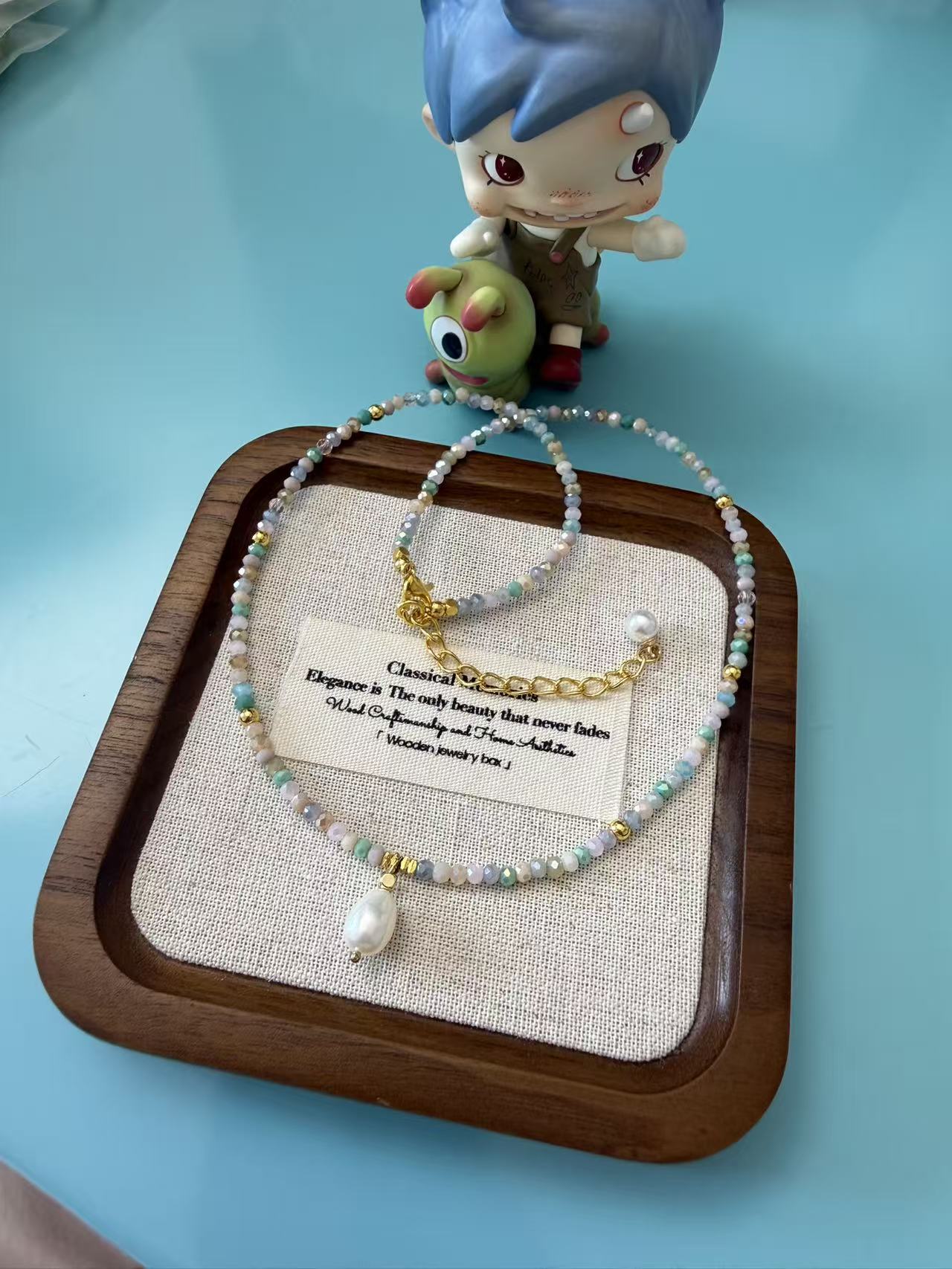Pastel Crystal Beaded Necklace with Freshwater Pearl Pendant N06