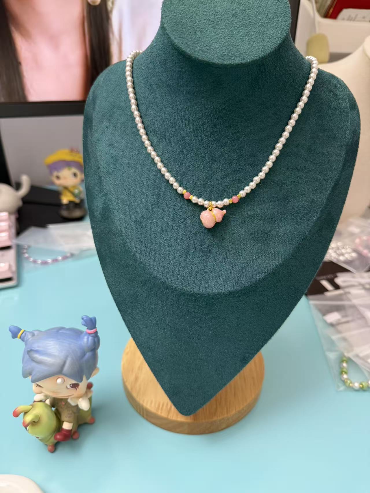 Pink Enamel Gourd Pendant Swarovski Pearl Choker Necklace N54