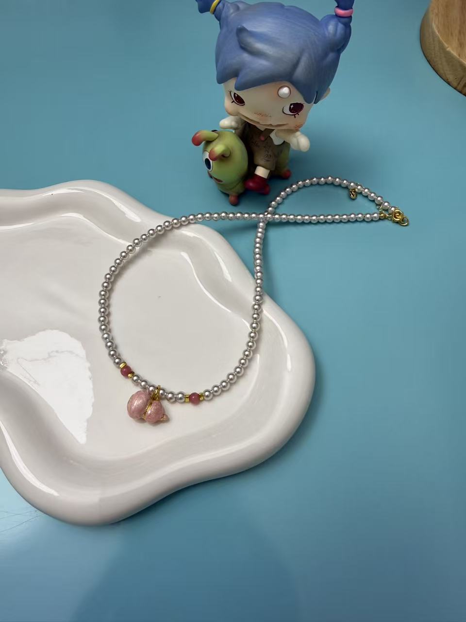 Pink Enamel Gourd Pendant Swarovski Pearl Choker Necklace N54
