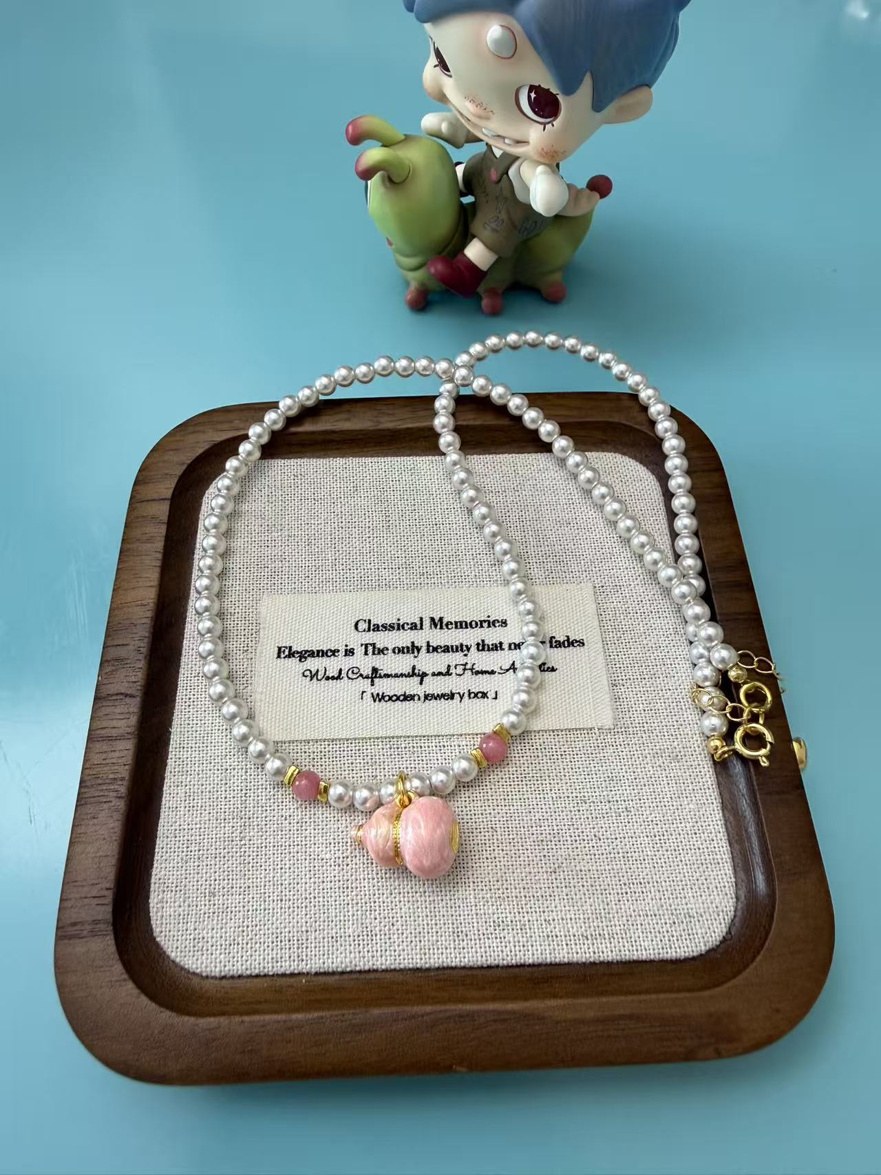 Pink Enamel Gourd Pendant Swarovski Pearl Choker Necklace N54