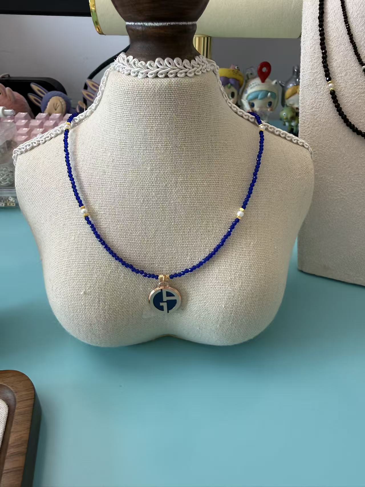 Klein Blue Crystal Beaded Necklace with Monogram Pendant N48