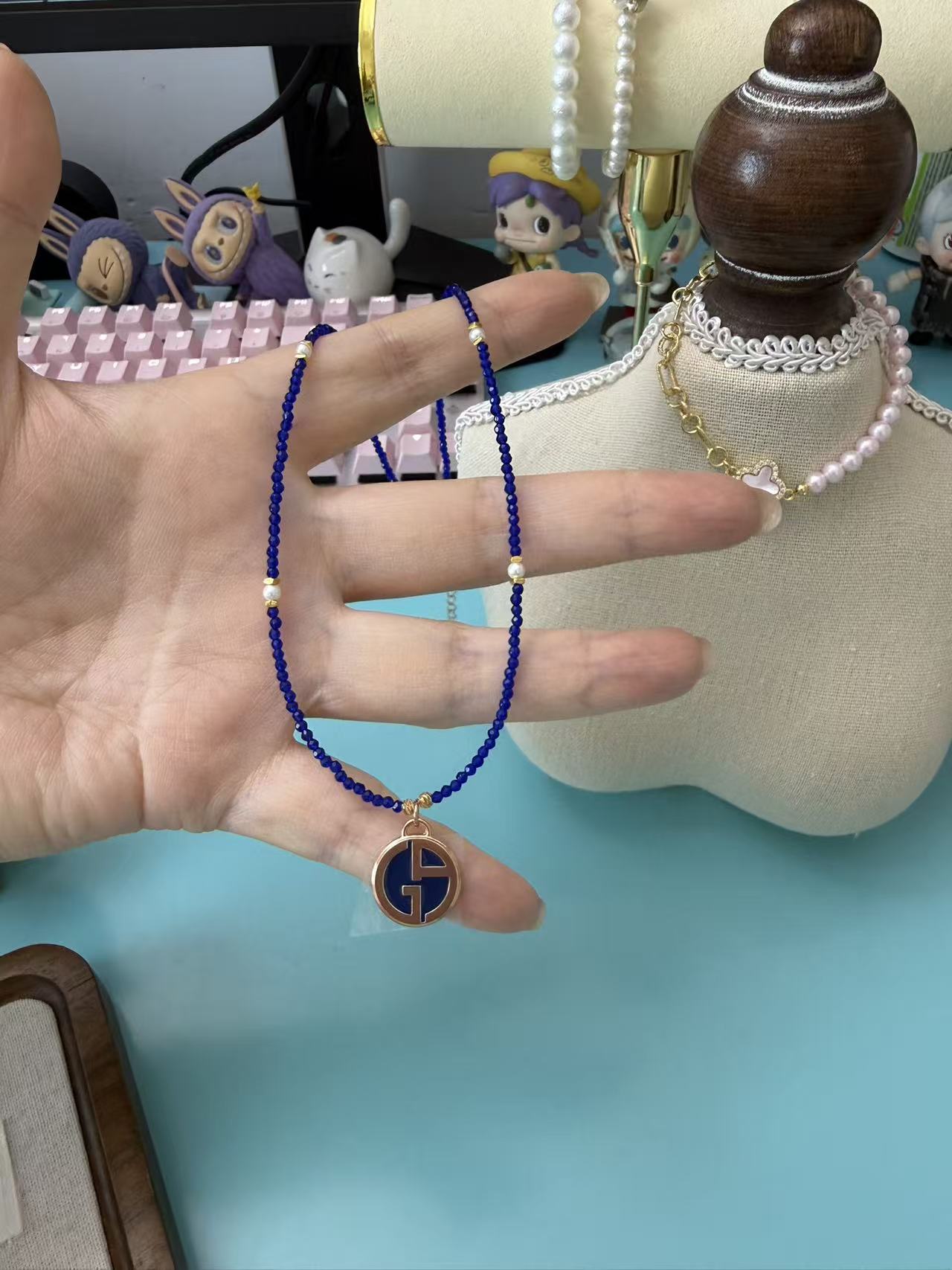 Klein Blue Crystal Beaded Necklace with Monogram Pendant N48