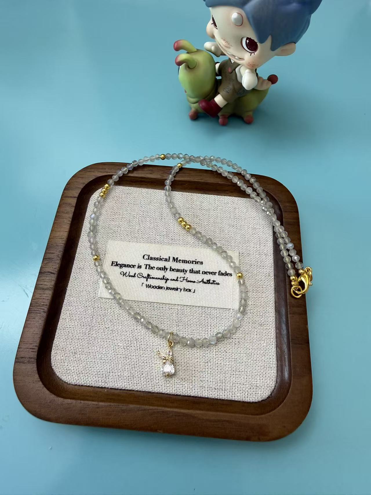 Grey Moonstone Beaded Necklace with Teardrop Pendant N39