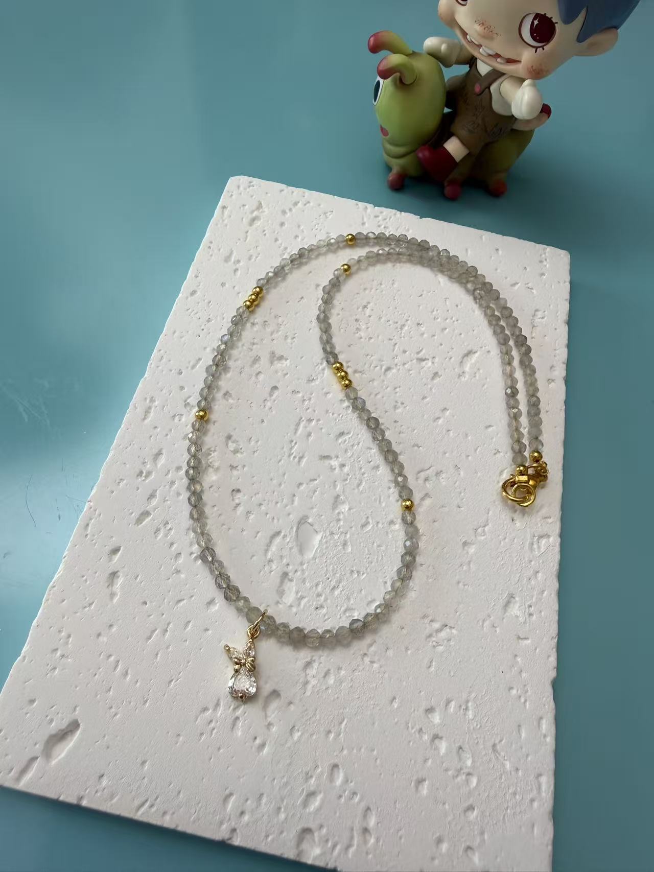 Grey Moonstone Beaded Necklace with Teardrop Pendant N39
