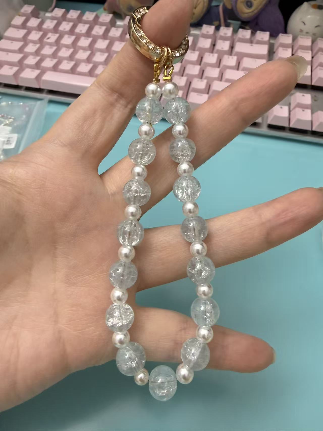 Ice Blue Crackle Bead & Pearl Phone Charm - Elegant Anti-Lost Wrist Strap P08