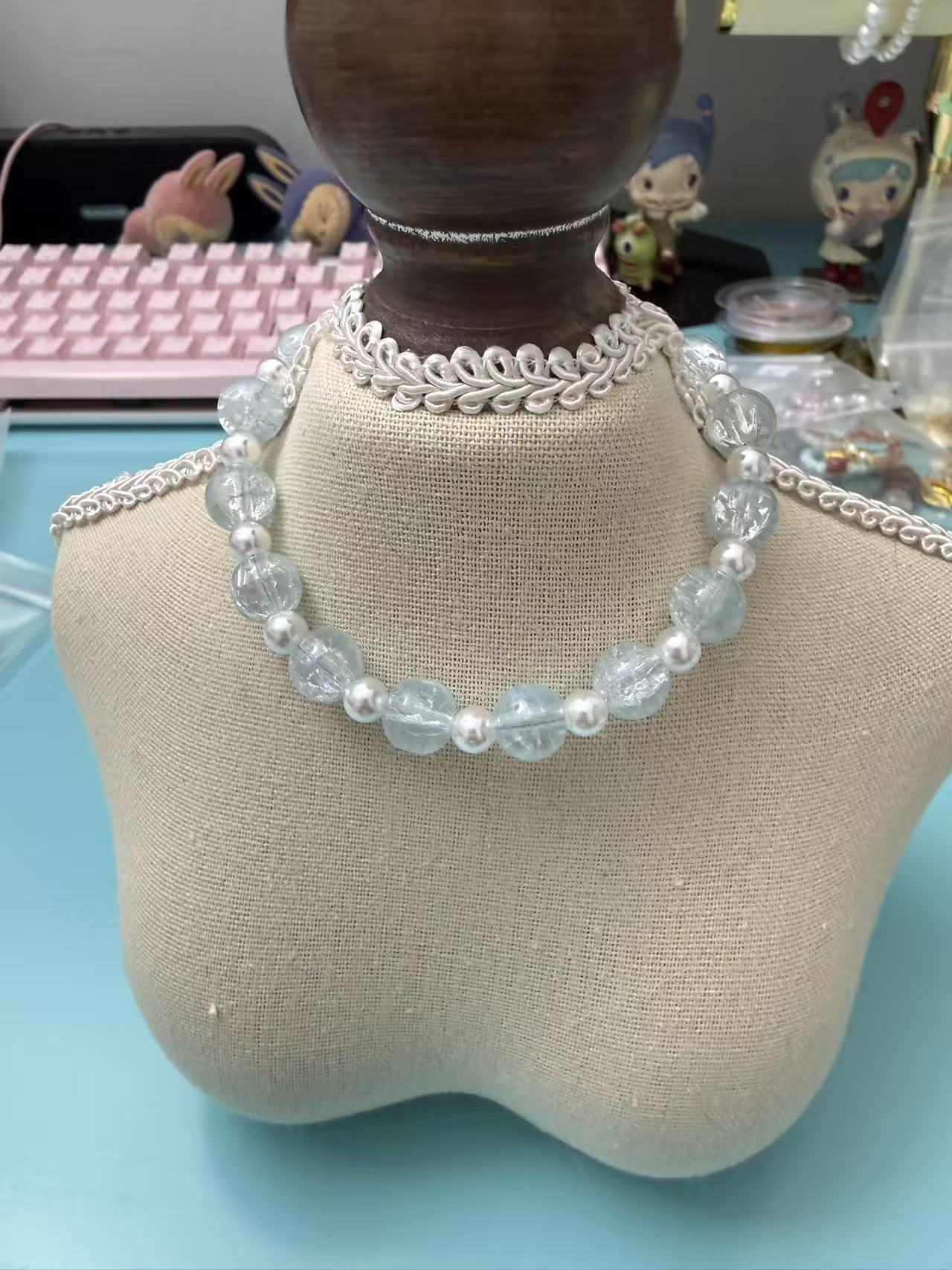 Ice Blue Crackle Bead & Pearl Phone Charm - Elegant Anti-Lost Wrist Strap P08