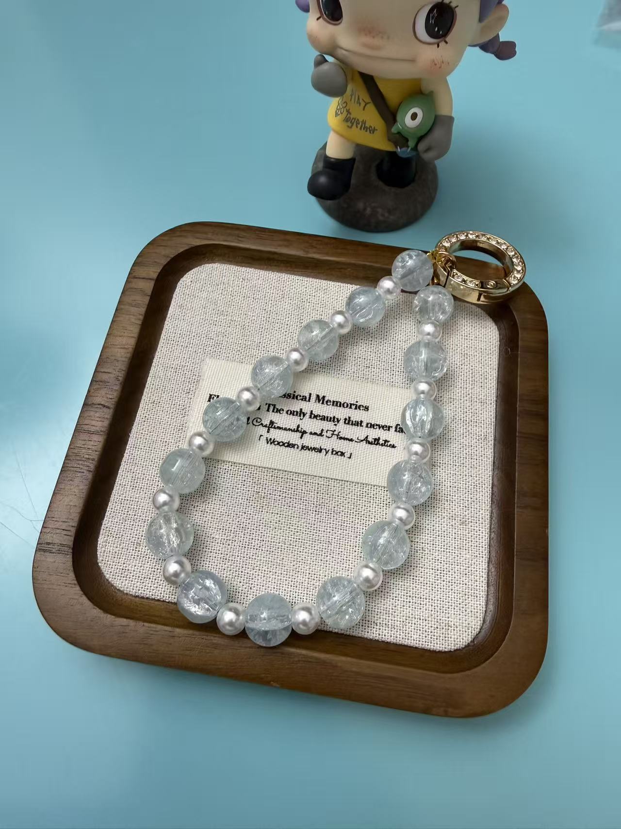Ice Blue Crackle Bead & Pearl Phone Charm - Elegant Anti-Lost Wrist Strap P08
