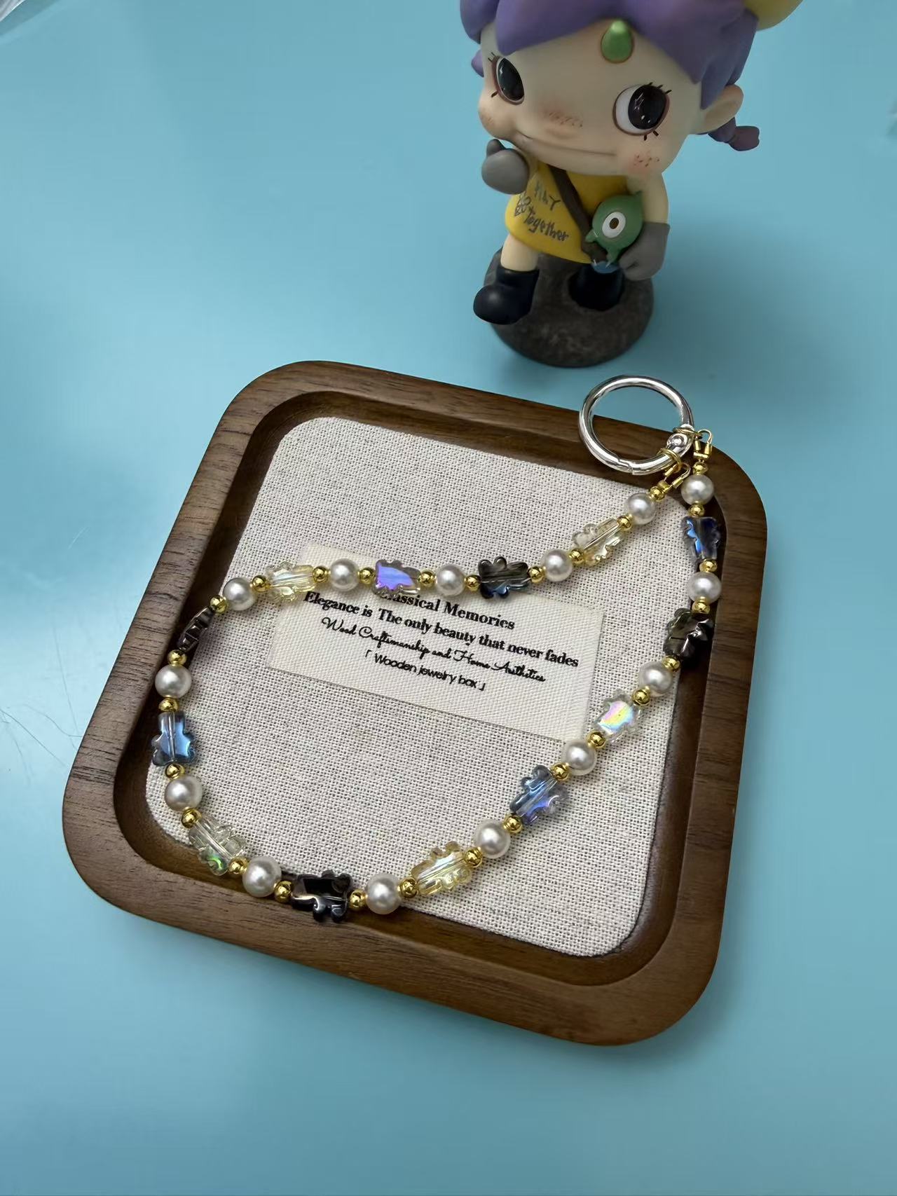 Double Layer Pearl & Blue Crystal Phone Charm - Elegant Anti-Lost Wrist Strap P04