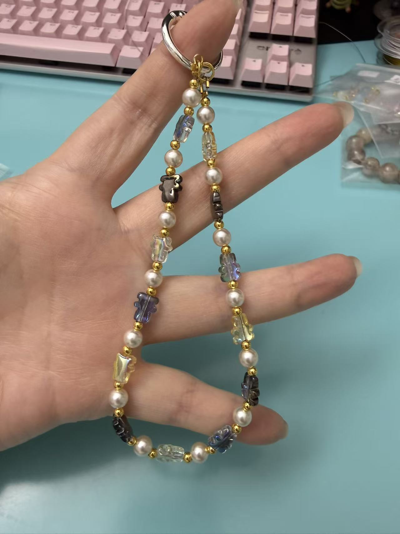 Double Layer Pearl & Blue Crystal Phone Charm - Elegant Anti-Lost Wrist Strap P04
