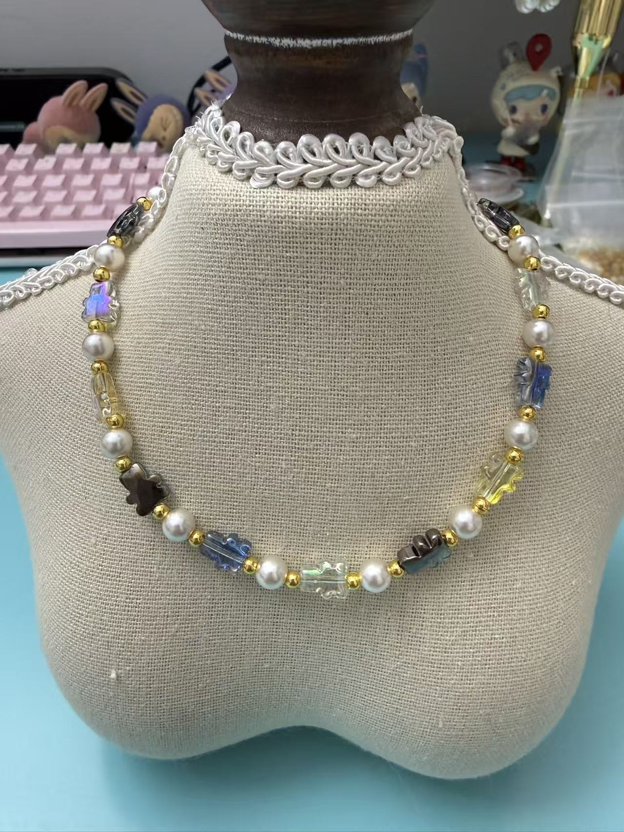 Double Layer Pearl & Blue Crystal Phone Charm - Elegant Anti-Lost Wrist Strap P04