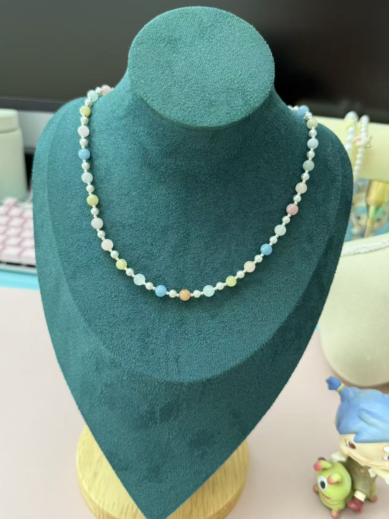 Pastel Multicolor Alashan Agate Chalcedony Necklace with Silver Spacers & Heart Charm N97