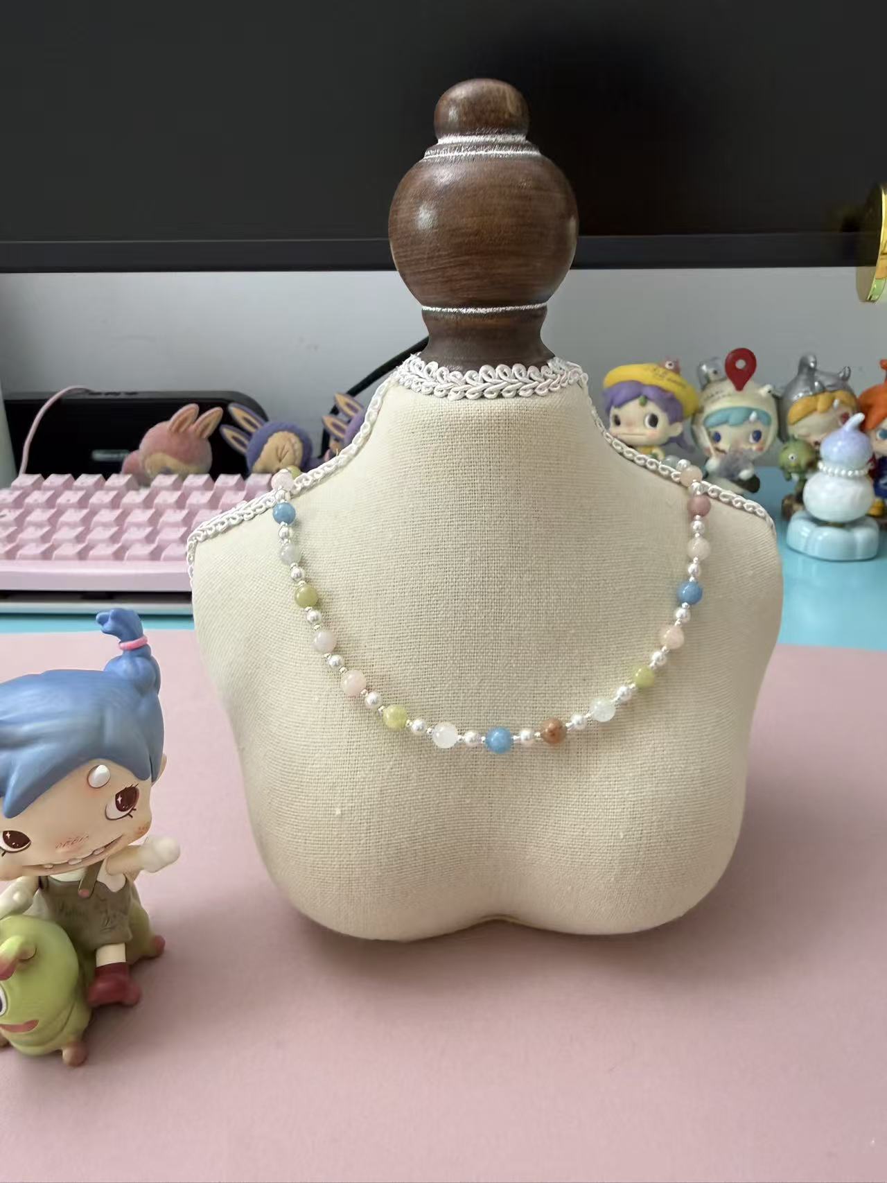 Pastel Multicolor Alashan Agate Chalcedony Necklace with Silver Spacers & Heart Charm N97