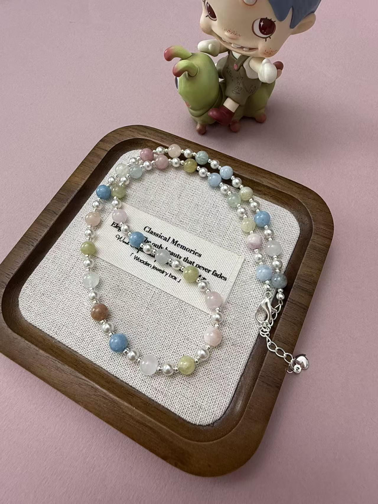 Pastel Multicolor Alashan Agate Chalcedony Necklace with Silver Spacers & Heart Charm N97