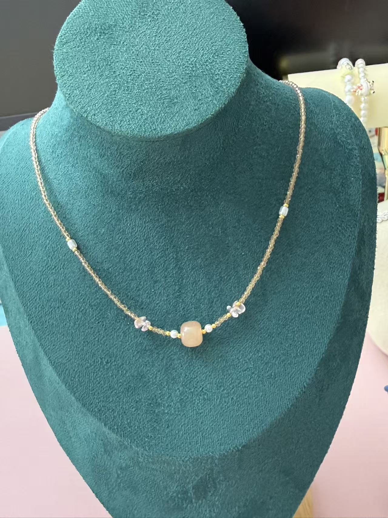 Dainty Blush Chalcedony Choker Necklace with Champagne Crystal Beads & Rose Quartz Accents N101
