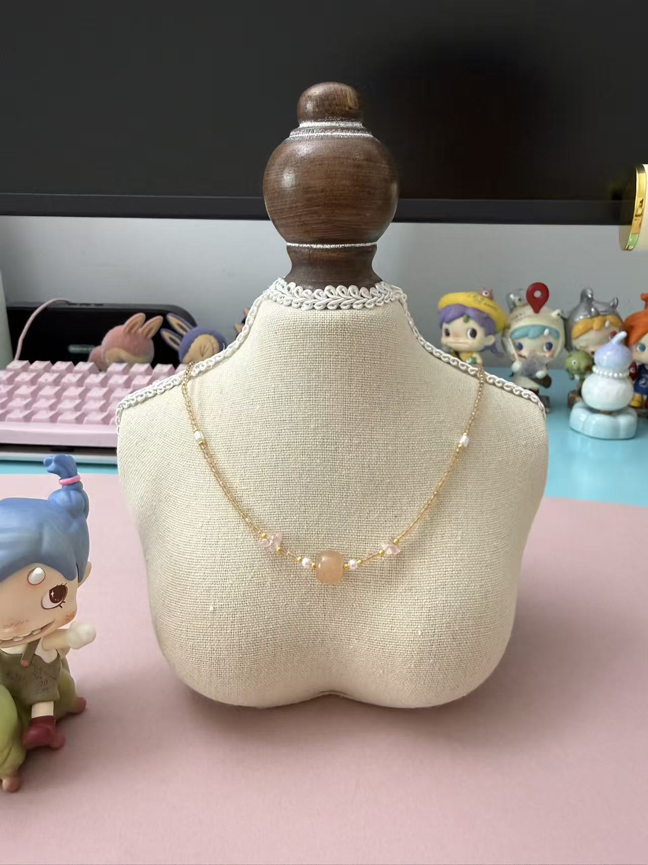 Dainty Blush Chalcedony Choker Necklace with Champagne Crystal Beads & Rose Quartz Accents N101