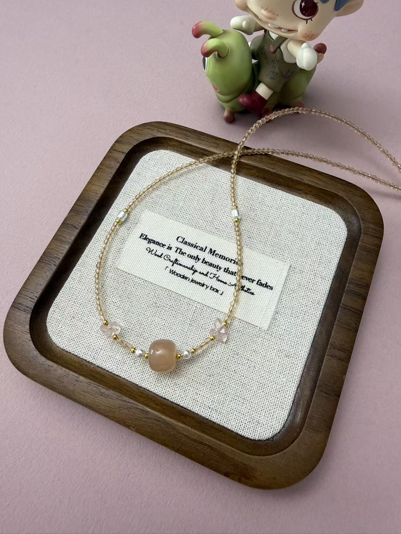 Dainty Blush Chalcedony Choker Necklace with Champagne Crystal Beads & Rose Quartz Accents N101