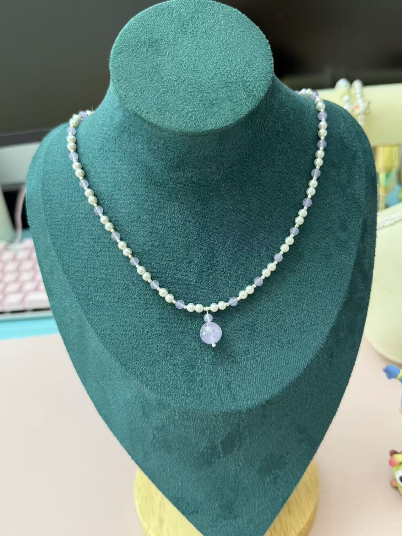 Dainty Purple Chalcedony Pendant Necklace with Faux Pearl & Silver Spacers N96