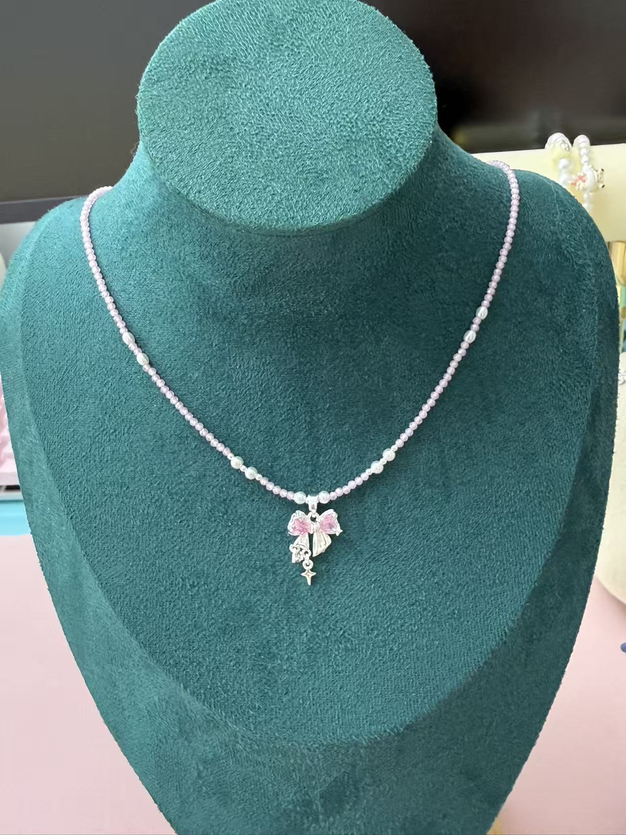 Dainty Pastel Purple Crystal Zircon Beaded Necklace with Zircon Bow Charm N99