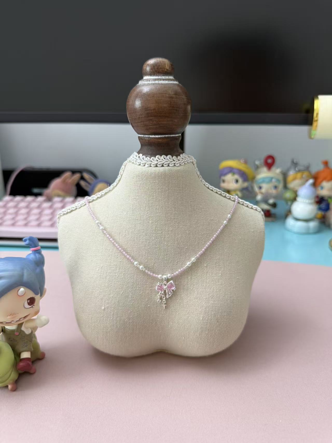 Dainty Pastel Purple Crystal Zircon Beaded Necklace with Zircon Bow Charm N99