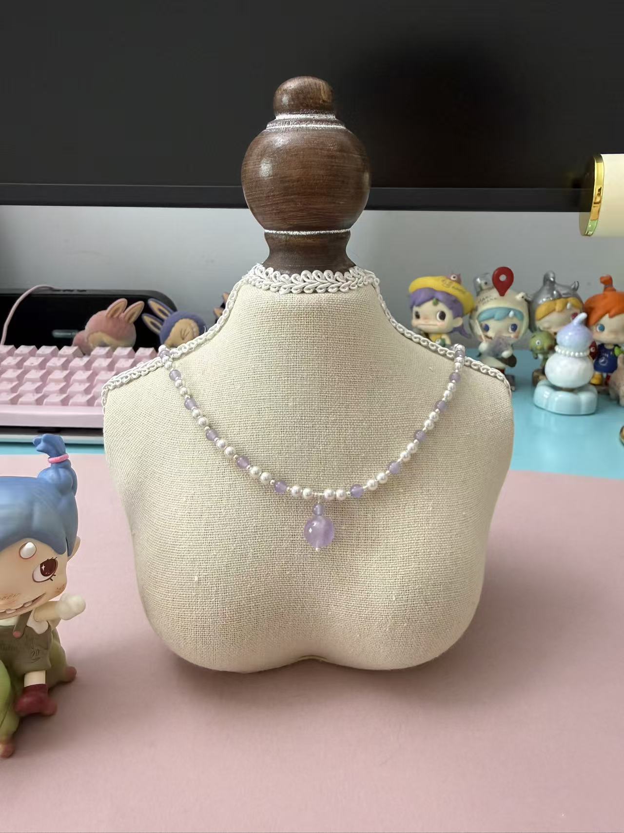 Dainty Purple Chalcedony Pendant Necklace with Faux Pearl & Silver Spacers N96