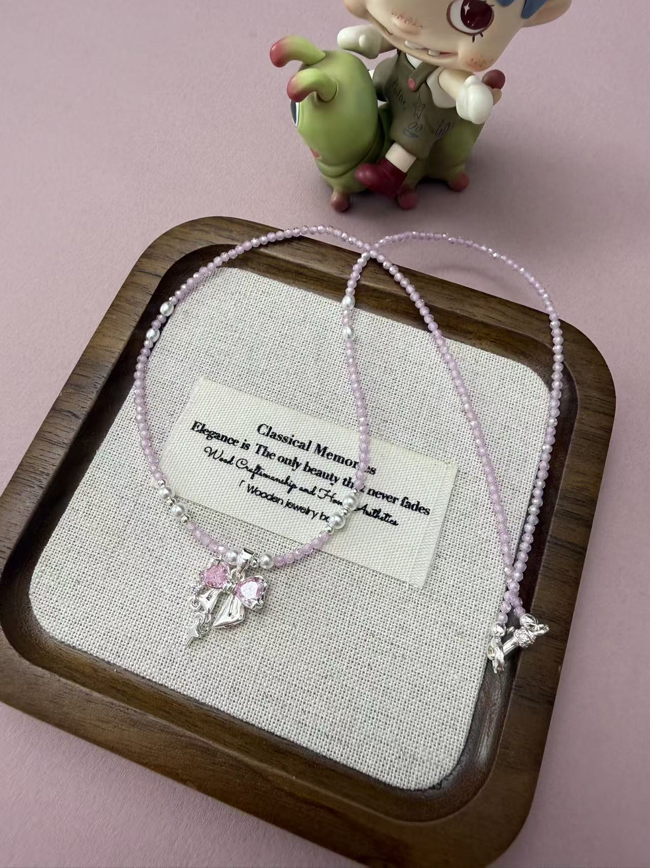 Dainty Pastel Purple Crystal Zircon Beaded Necklace with Zircon Bow Charm N99