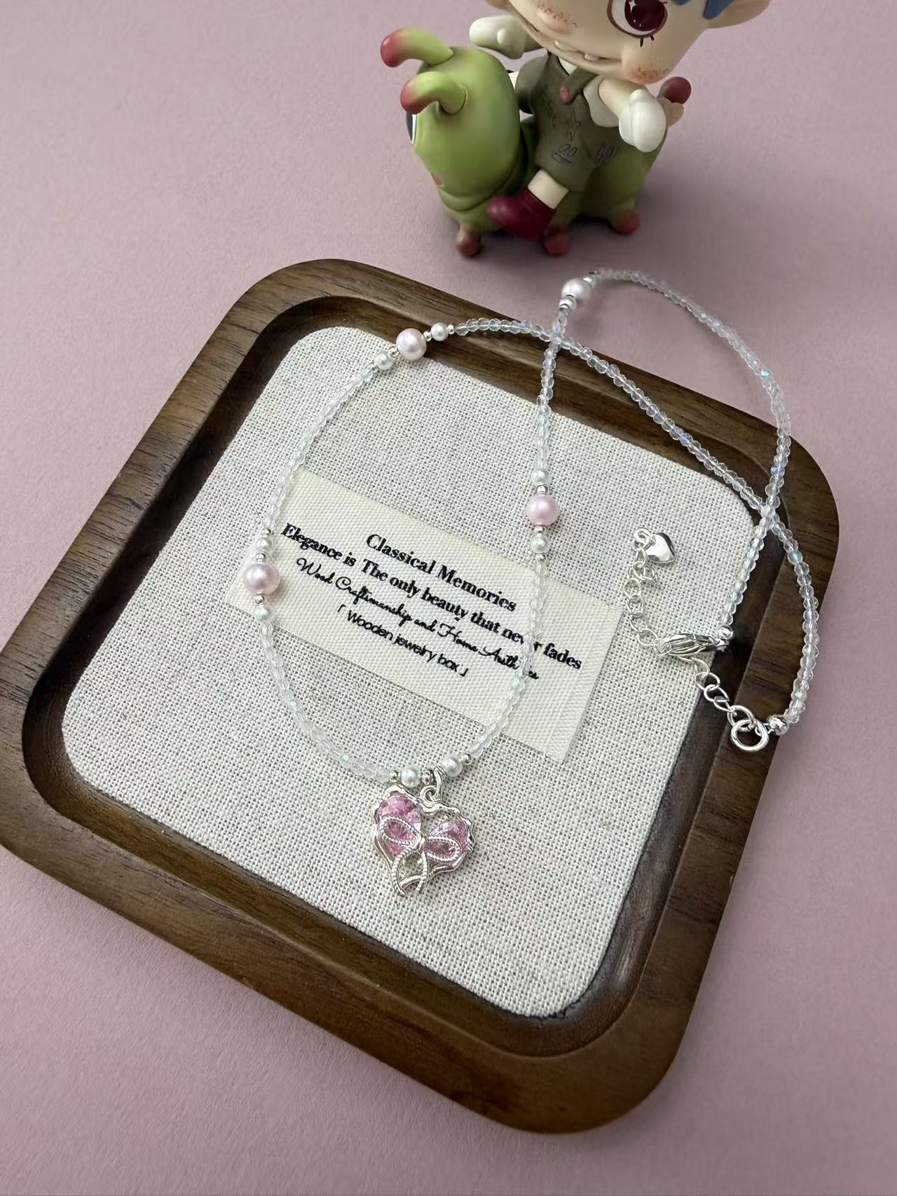 Dainty Clear Crystal Zircon Beaded Necklace with Pink Zircon Heart Bow Pendant N98