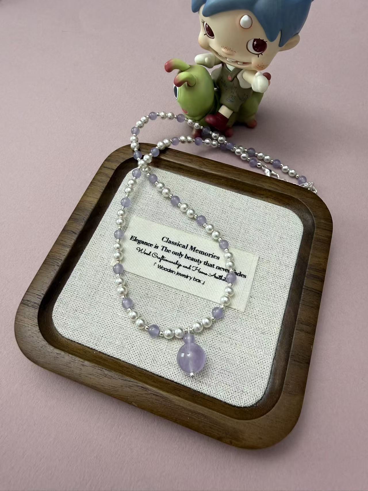 Dainty Purple Chalcedony Pendant Necklace with Faux Pearl & Silver Spacers N96