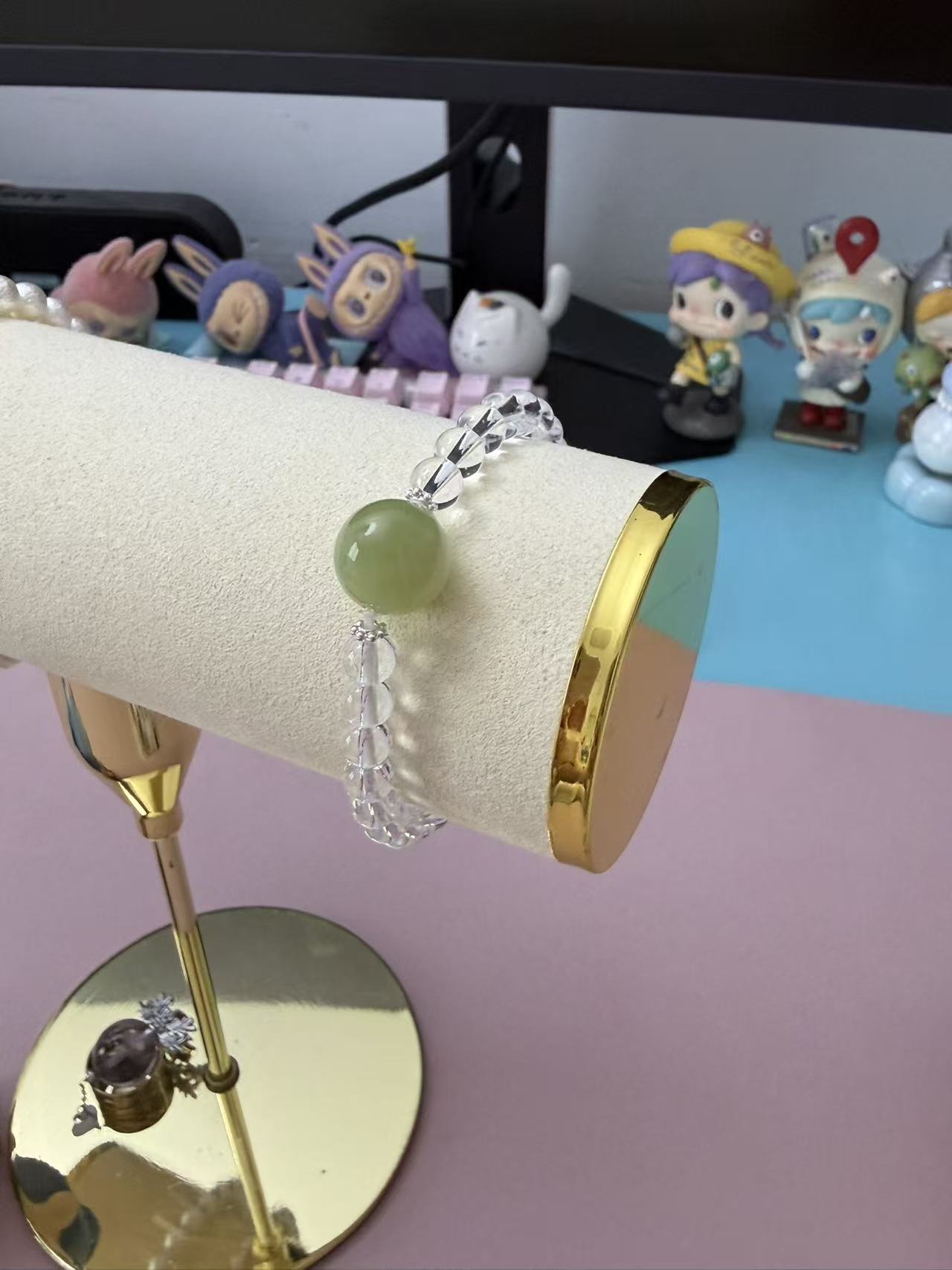 Clear Quartz & Green Grape Xiuyan Jade Beaded Bracelet - Dainty Everyday Wear B334