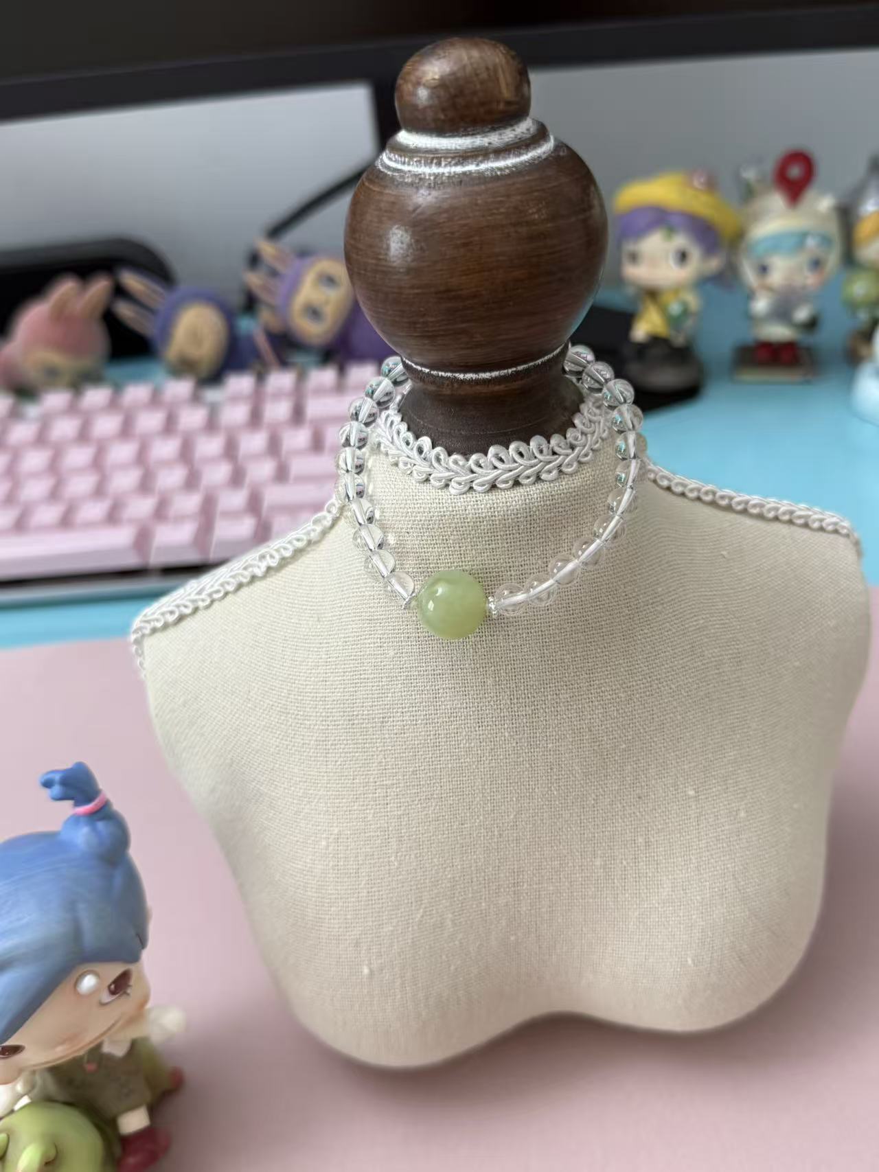 Clear Quartz & Green Grape Xiuyan Jade Beaded Bracelet - Dainty Everyday Wear B334