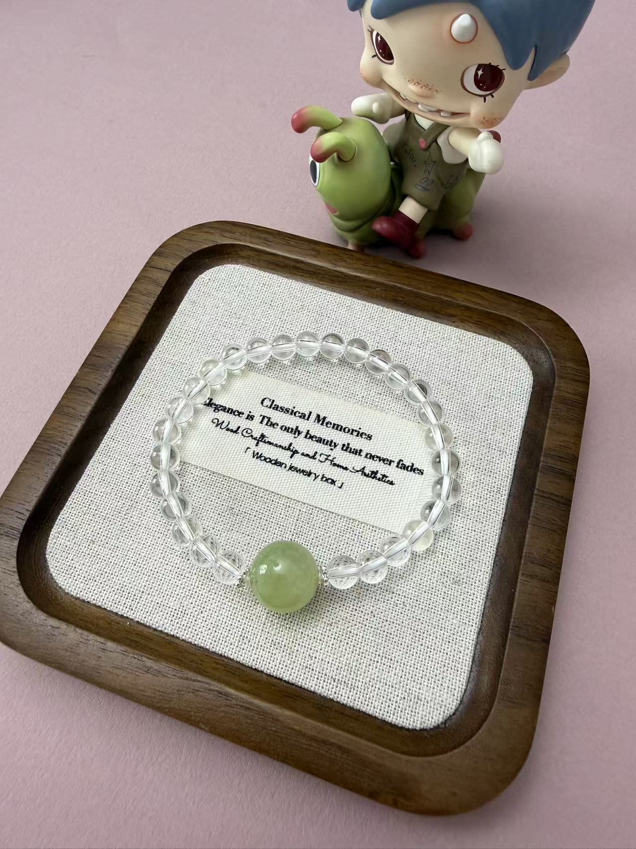 Clear Quartz & Green Grape Xiuyan Jade Beaded Bracelet - Dainty Everyday Wear B334