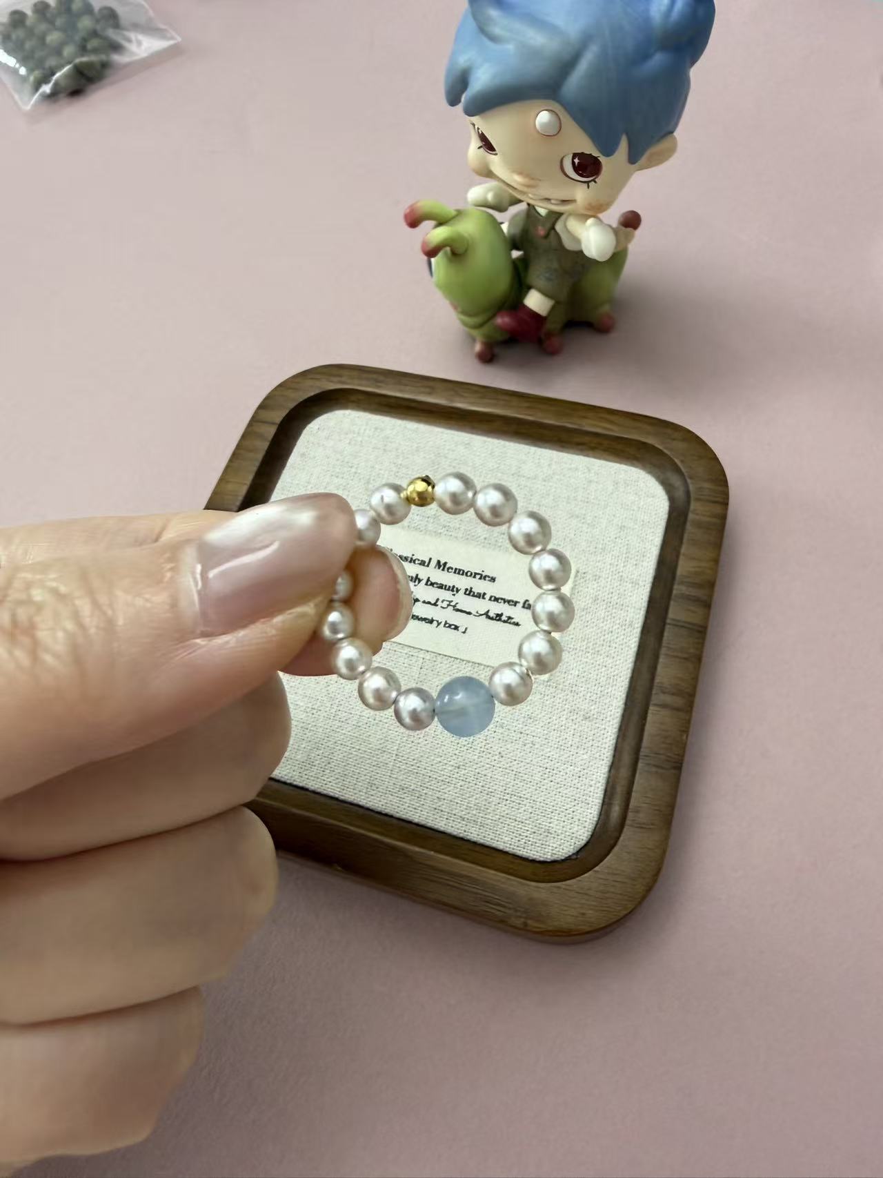 Dainty Faux Pearl Stretch Ring with Light Blue Gemstone Accent R02